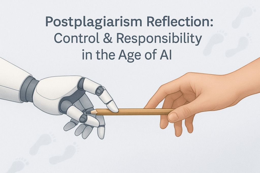 A digital illustration shows a light blue background with faint footprints, symbolizing traces of influence. In the center, a human hand and a robotic hand hold a single pencil together—one gripping the tip, the other the eraser—conveying the theme of shared creation. The title “Postplagiarism Reflection: Control & Responsibility in the Age of AI” appears in bold, dark grey text above the hands.